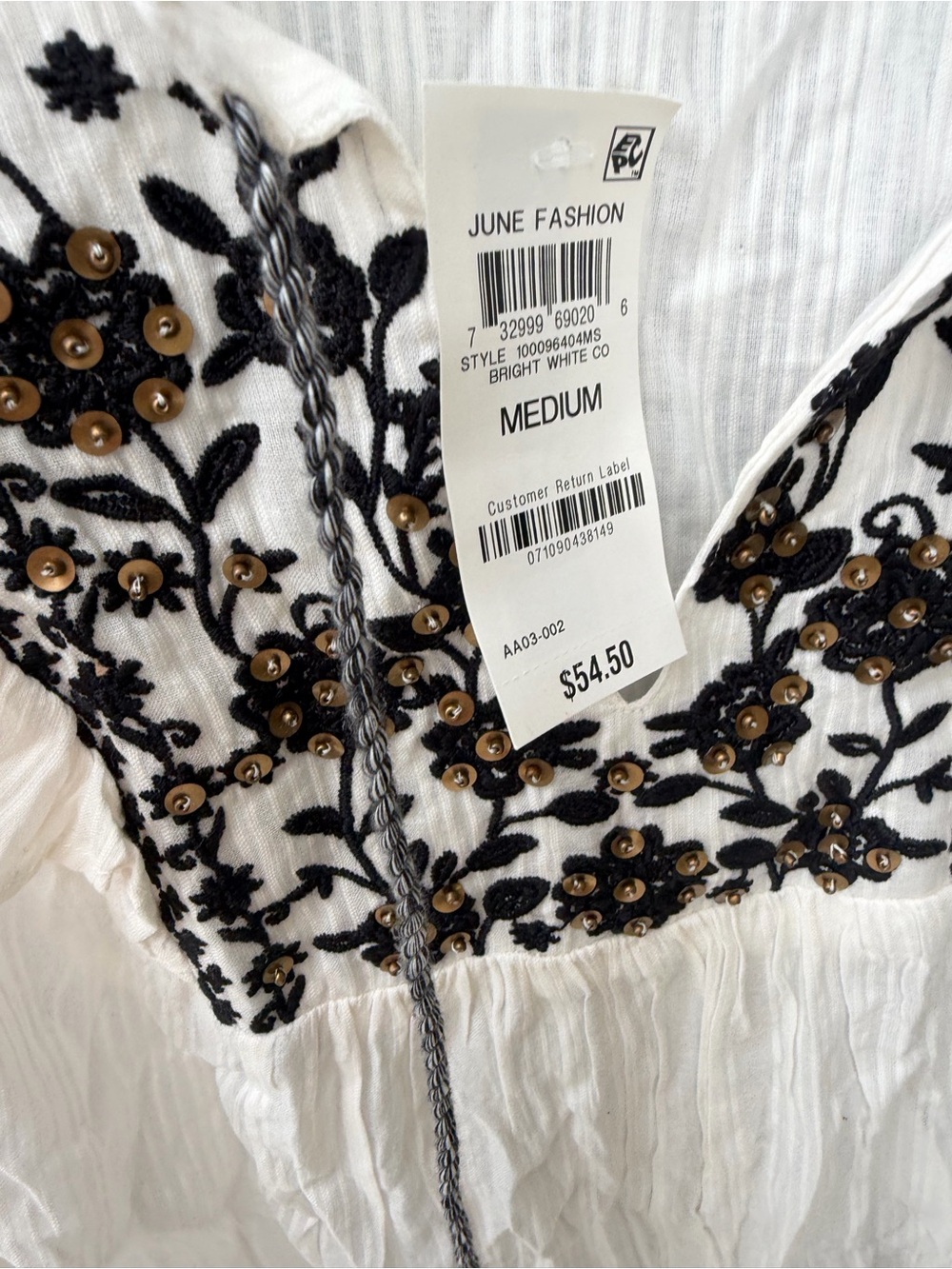 Style & Co. White Sleeveless Peasant Top with Black & Gold Embroidery - Picture 2 of 3
